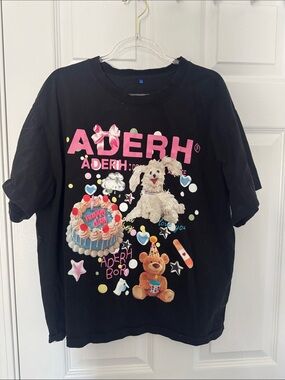 Ader error Black Graphic Tee with Pink Logo and Cute Characters